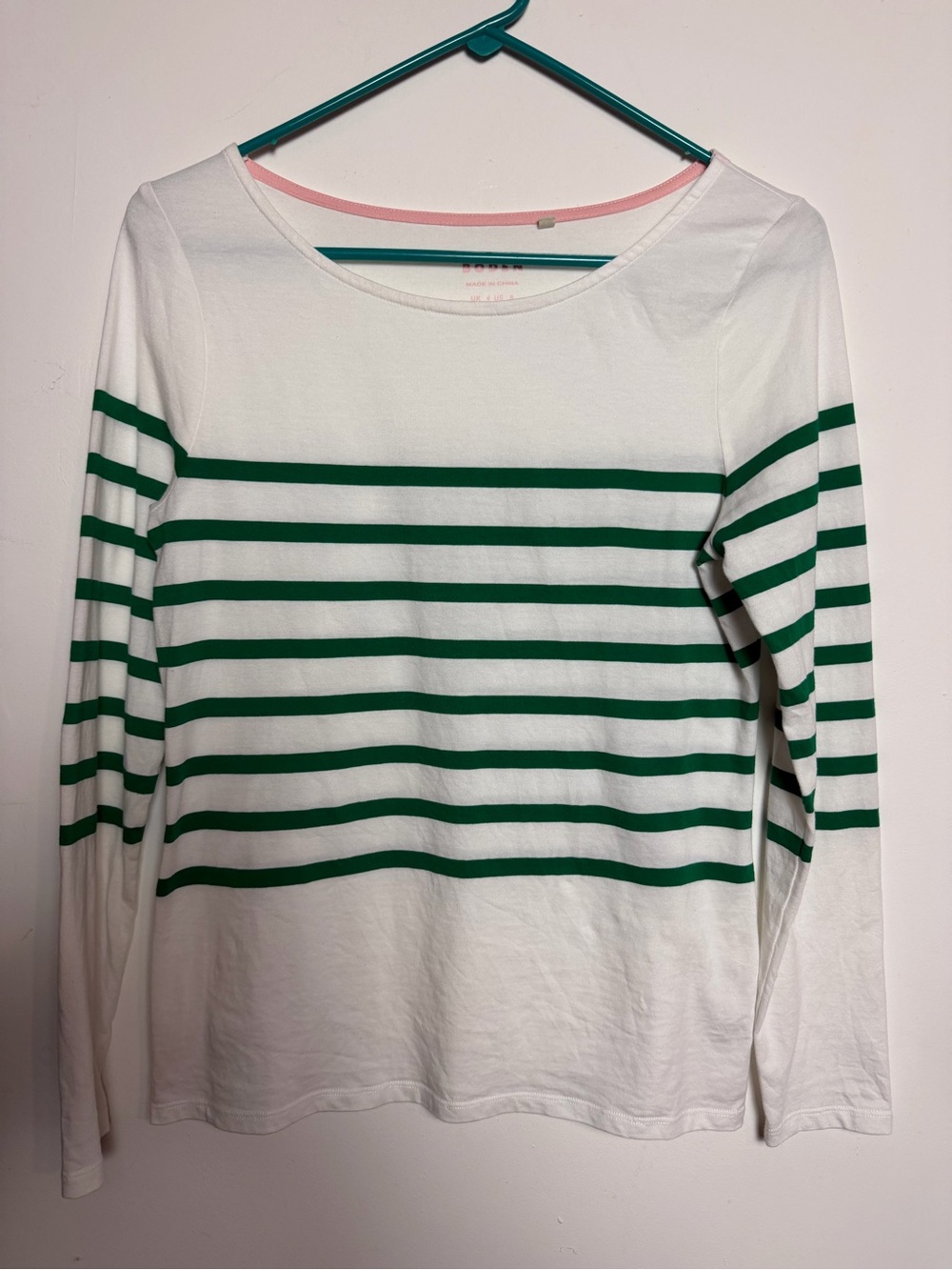 Boden Green White Striped Long Sleeve Cotton Top US 0 Boat Neck